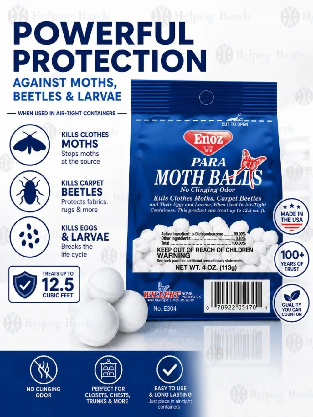 1 Pack Enoz No Clinging Odor Para Moth Closet Balls 4 oz Pack - 32 Balls Total